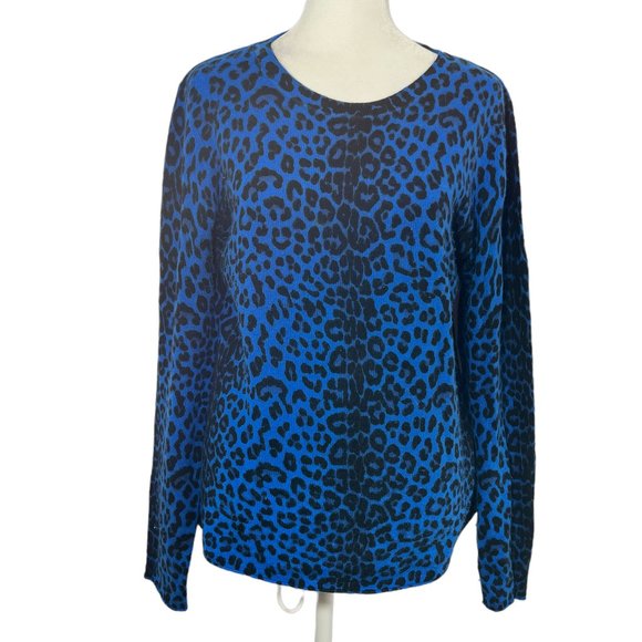 Neiman Marcus Sweaters - Neiman Marcus Cashmere Royal Blue & Black Animal Print Crewneck Sweater …